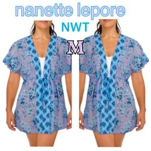 NWT (M) Nanette Lepore swim wrap in lilac turquoise with gold fringe tassel ties